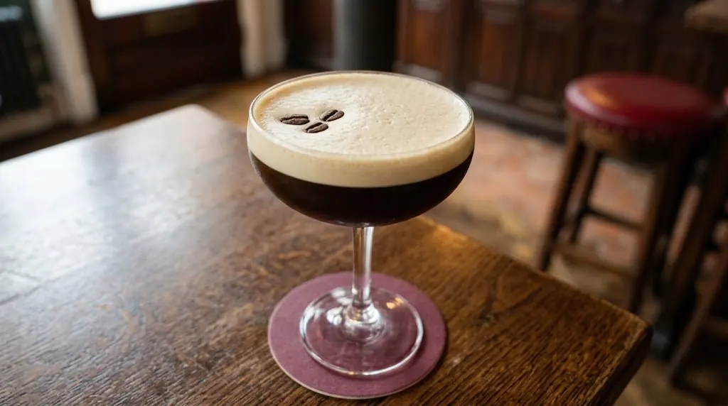 An espresso martini on a wooden table at The Catherine Eddowes