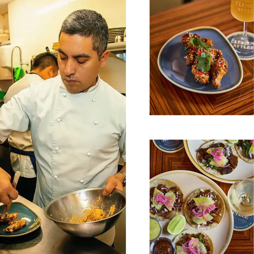 Chef Arturo Camacho in the kitchen, with a selection of his private catering dishes