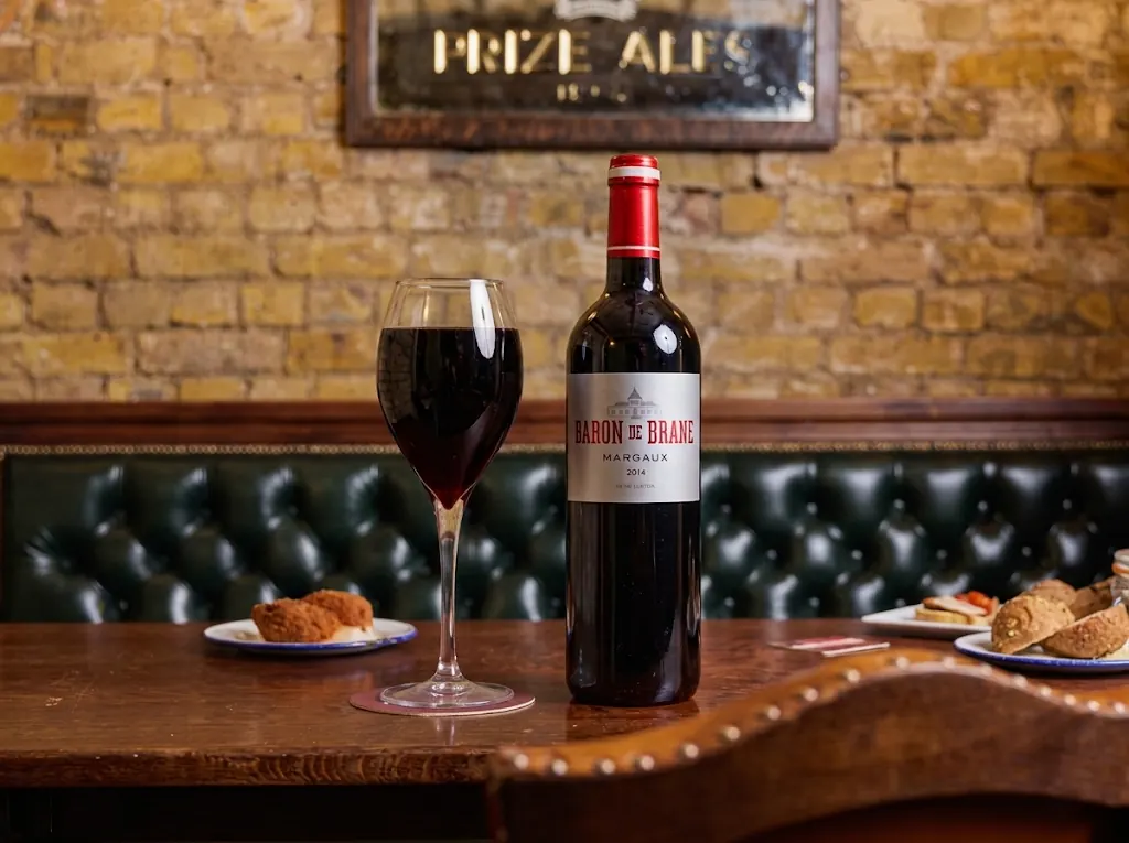 A glass of red wine and a bottle of Baron de Brane Margaux on a table at The Catherine Eddowes